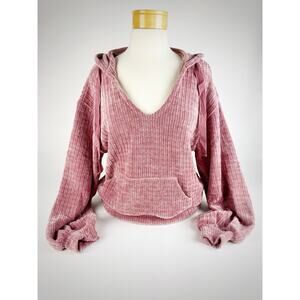 NWT Mauve Pink Chenille V-Neck Hoodie Slouchy Sleeve Relaxed Preppy Boho Sz L